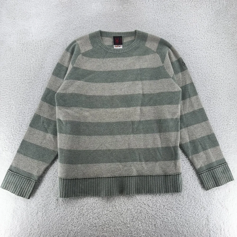 Spyder Wool Blend‎ Striped Sweater Mens Large Gray Green Pullover Outdoors Logo